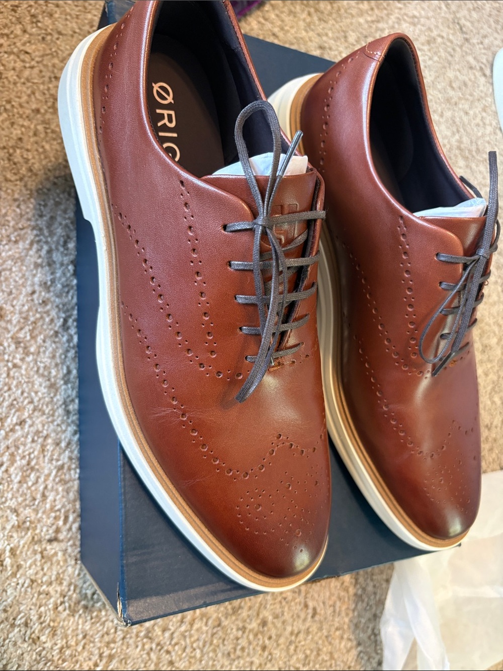 Cole Haan Men's Brown Leather Wingtip Oxfords with White Sole - Picture 5 of 6